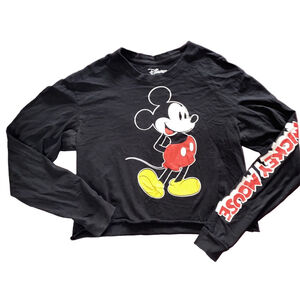 Women's Disney Black Mickey Mouse Cropped Cotton Long Sleeve Tee L